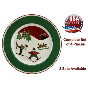 4 Pc Target Home Christmas Dinner Plate Winter Skiers & Sledder •11" Plaid Quilt